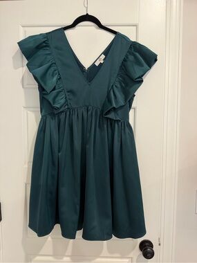 entro Green V-Neck Ruffle Mini Dress